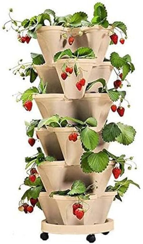 Maceta vertical de 6 niveles, torre de jardín apilable para fresas, hierbas, flores y verduras, macetas para interiores y exteriores con ruedas extraíbles para una fácil movilidad