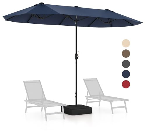 GOPLUS 4x2m Sombrilla Doble Terraza Exterior con Base, Parasols Jardin Grandes con 12 Varillas, Manivela, Protección Solar, Sombrilla Rectangular para Terraza, Piscina, Playa (Azul, 4x2 m)
