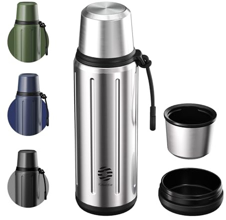 Healter Thermoskanne mit Becher 1l (72 Stunden Kalt & 24 Stunden Heiß) Thermosflasche Kaffee Tee Thermobecher mit Abnehmbarem Boden und Filter Geeignet für Reisen Büro und Schule(Silber)