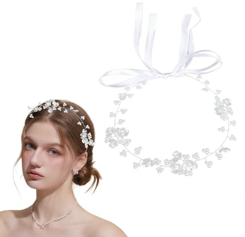 Diadem Hochzeit,Braut Stirnband Perle Haarschmuck,Weiß Perle Haarreifen Kopfbedeckung,Blumen Haarkranz mit Band,Kommunion Mädchen Kristall Perles Prinzessin Stirnbänder,für Braut Damen Mädchen