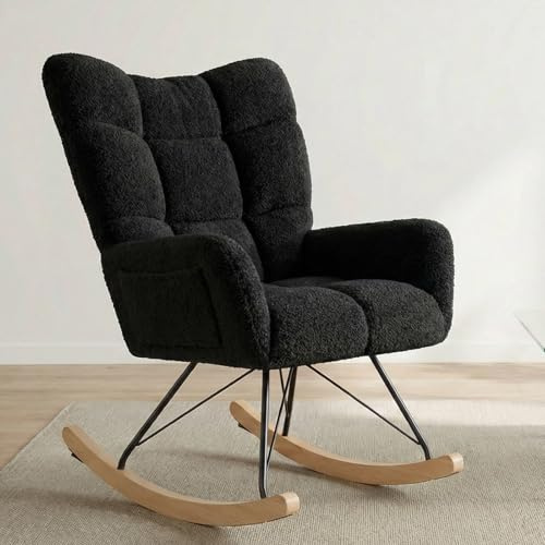 Clevich Rocking Chair, Teddy Upholstered Glider Nursing Chair for Adults, Comfy Rocking Armchair Indoor with Side Pocket for Living Room Bedroom (Black)