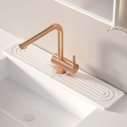 wikimo Abtropfmatte Spüle Wasserhahn Spritzschutz 40x10cm Kieselgur Quick Dry Stone Drying Mat Kitchen, Wasserfest und Feuchtigkeitsbeständig für Küche und Badezimmer Weiß