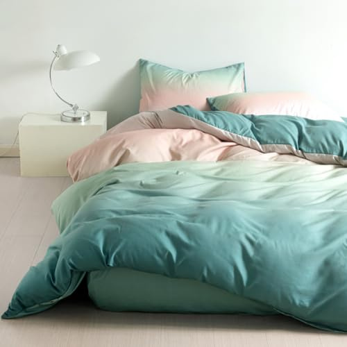 Soifox Bettwäsche 135x200 2teilig Mikrofaser Grün-Pink Farbverlauf | Weiche Mikrofaser mit Reißverschluss & Eckbändern, 60°C Maschinenwaschbar für Milbenschutz, Schnelltrocknend & Bügelfrei