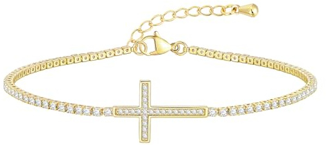 Kreuz Armband Damen Gold Tennisarmband - 14K Vergoldet Armbänder mit Zirkonia für Frauen Mädchen, Verstellbar Armkette Weißgold Plattiert Armband Silber Damen für Ostern Taufe Hochzeit (B Gold)