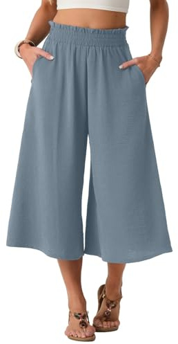 PrinStory Wide Leg Trousers for Women UK Elasticated High Waist Capri Trousers Casual Palazzo Pants Loose Lounge Culottes