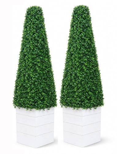 SASONS® Pair of 3Ft Pyramid Cone Tree, Quality Boxwood Planter Topiary Tree, Evergreen Artificial Plants/Trees Ideal for Indoor/Outdoor Decoration [Pyramid Trees White Planter]