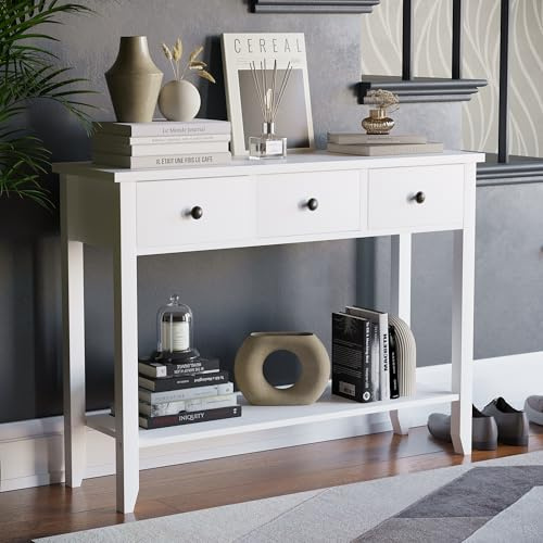 Vida Designs Console da Tavolo Windsor con 3 Cassetti, in Legno Bianco, 74 x 100 x 30 cm, H 74 x L 100 x P 30 cm Circa