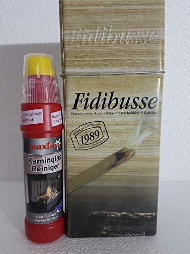 Fidibusse Brunner Geschenkdose 50 Stück Ofenanzünder Grillanzünder Anzünder + Kaminglas Reiniger Gel mit Bürste, 1 Flasche á 200ml
