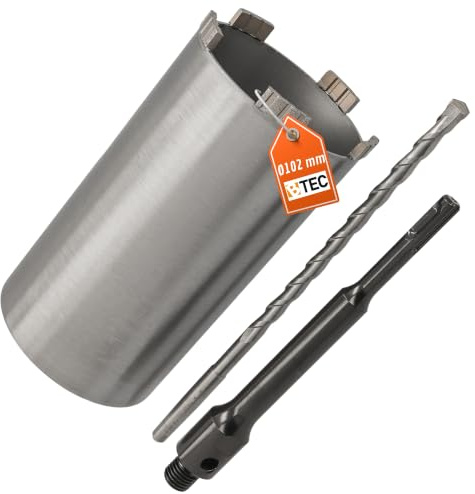 BTEC Diamant Betonbohrkrone mit 180mm Nutzlänge für Kernbohrungen in Beton, Mauerwerk Ziegel, Poroton uvm. SDS-plus lang (200mm) Aufnahme und Zentrierbohrer Ø 102 mm