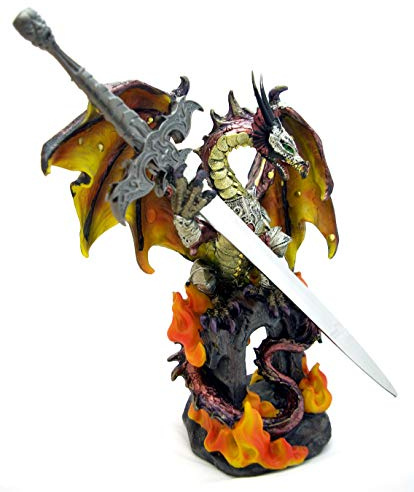 GeKi Trend Drachen Figur mit Schwert Fantasy Gothic Dekofigur Drache 38 cm groß 1 kg schwer Brieföffner