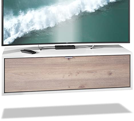 Vladon TV Board Lana 100 Hängeschrank Lowboard 100 x 29 x 37 cm, Made in Germany, Korpus in Weiß matt, Fronten in Eiche Nordic | Große Farbauswahl