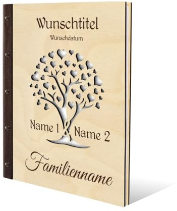 Kartenmachen.de Familien Stammbuch Birkensperrholz mit Lederrücken Holzcover mit individueller Gravur inkl. Extras DIN A4 hoch 240x310mm - Herzbaum
