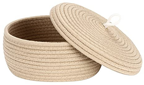 Sea Team Cesta de almacenamiento redonda y elegante de cuerda de algodón con tapa - Organizador multifuncional para bocadillos, toallas y más - Ideal para su hogar, 10 x 4,5 pulgadas.