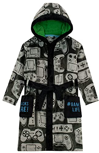 Harry Bear Gaming Kinderbademantel, Bademantel Jungen, Bademantel Kinder Jungen, Kuscheliger Fleece-Morgenmantel Kinder Mit Kapuze, Grau 146