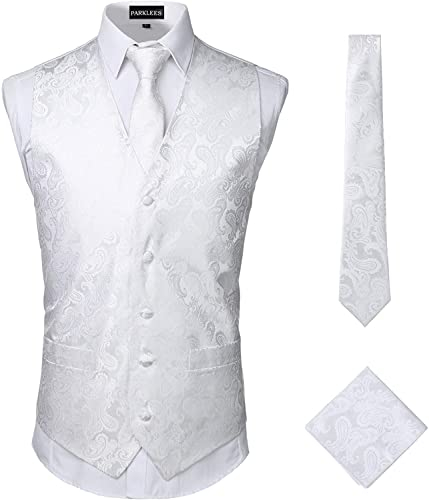 PARKLEES Klassische Herren-Weste, 3-teilig, Paisleymuster, Krawatte, Einstecktuch, Set, Hochzeit, Abschlussball, Party, Weste für Anzug oder Smoking, weiß, L