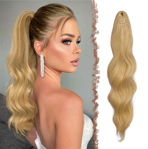 FESHFEN Pferdeschwanz Extensions Klammer, 50 cm Lang Gewellt Clip Zopf Haarteil Helles Honigblond Synthetik Ponytail Hair Extensions Haarverlängerung für Frauen