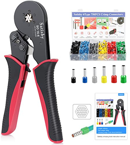 Crimpzange 16mm Hexagonal Jaws Presszange 0.08-16mm²& 750 Aderendhülsen Set | AWG28-5 Selbststellend Krimpzange Aderendhülsenzange Crimpzangen Aderendhülsen Set-