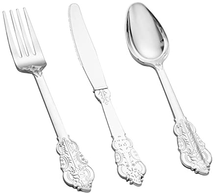BUCLA 600PCS Silver Plastic Silverware - Heavy Duty Disposable Plastic Cutlery - Include 200 Forks, 200 Spoons, 200 Knives in Silver for Parties, Weddings & Christmas