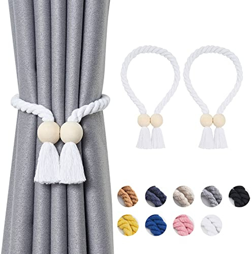 Pretty Jolly Ball magnetische Vorhang-Raffhalter aus Holz, Boho-Dekoration, Raffhalter, natürliche Baumwolle, handgewebt, für Fenstervorhänge für Zuhause und Büro, Weiß, 2 Stück