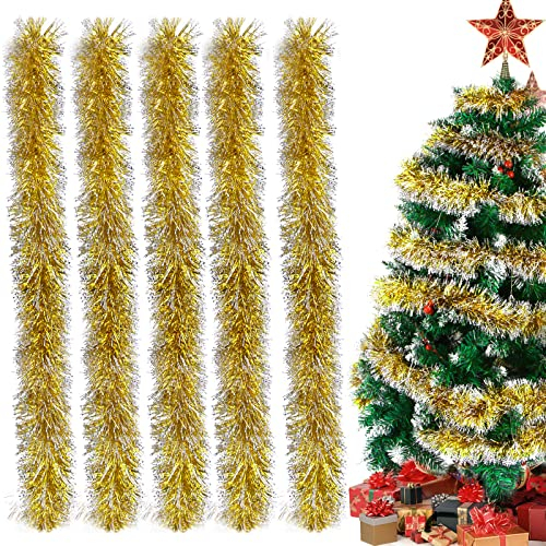 Aurasky Guirnalda Navidad Oro, Guirnalda Espumillón de Navidad 10m, Espumillon Arbol Navidad Oro, Guirnalda Brillante Metálica, Oropel de Navidad Decoración