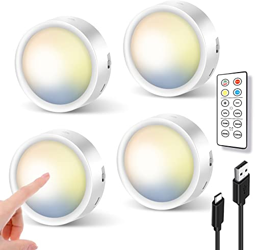 LED Spot Akku USB Aufladbar, 2400mAh Batteriebetrieben Kabellos Vitrinenbeleuchtung mit Fernbedienung Timer Magnetisch Unterbauleuchte Küche Ohne Kabel Rund Dimmbar Spotlight für Schrank Regal Vitrine