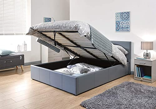 MODERNIQUE® Grey Faux Leather Storage Ottoman Gas Lift Up Bed Frame in Single, Small Double, Double, King & Super King size (3ft Single)