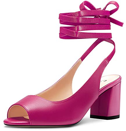 Castamere Donna Medio Chunky Blocco Tacco Heel Aperte sulla Punta Slingback Lacci Sandali Nodo Fiocco Ballo Dress 6.5 CM Heels Fucsia 44 EU