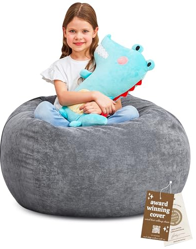 Sitzsack-Aufbewahrung für Stofftiere (ohne Füllung) – maschinenwaschbar, Kinder-Sitzsack-Stuhlbezug macht extra große Sitzsäcke, Spielzeug und weiche Gegenstände – Stofftierhalter für Kinder – grauer