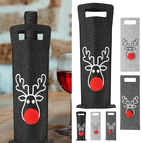 Flaschentasche Rentier 6er Set │ Filz H41cm Tragegriff hellgrau/grau/anthrazit rot │ Geschenkverpackung für Flaschen
