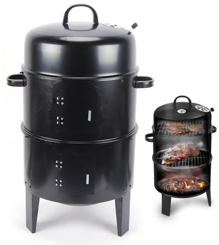 3in1 BBQ Räucherofen Holzkohlegrill Ø 46 cm Räuchertonne Grilltonne Smokertonne Barbecue Smoker Räuchergrill mit Thermometer und Holzkohlegrill mit Deckel, zum Grillen Garen und Räuchern Schwarz