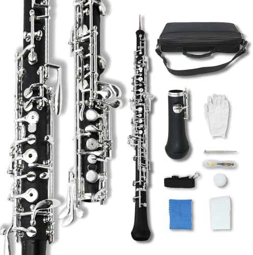 WUQIMUSC Oboe Instrument Professionelle Oboe C Key Halbautomatischer Stil Linke F Resonanz 3. Oktave Silber vernickelte Tasten Oboenblatt mit Ledertasche und Tragetasche (Ebonit)