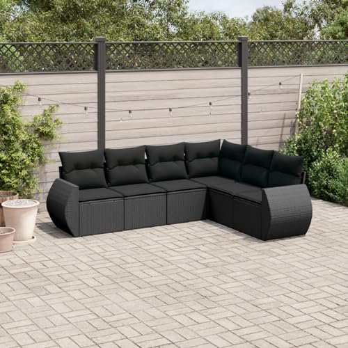 Rantry 6-TLG. Gartensofa Set mit Kissen Sofagarnitur Balkonmöbel Gartenmöbel Set Loungesofa Modular Gartenlounge Ecklounge Ecksofa Sitzgruppe für Balkon Garten Schwarz Poly Rattan
