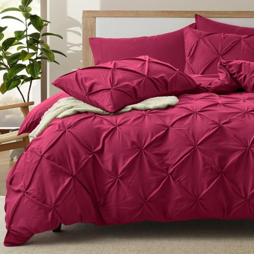 VACVELT 5 Piece Pinch Pleated Duvet Cover Full/Queen Size Set, Burgundy Pintuck Duvet Cover with Zipper & 8 Ties, Shabby Chic Microfiber Duvet Cover + 2 Pillow Shams + 2 Pillowcases, No Comforter