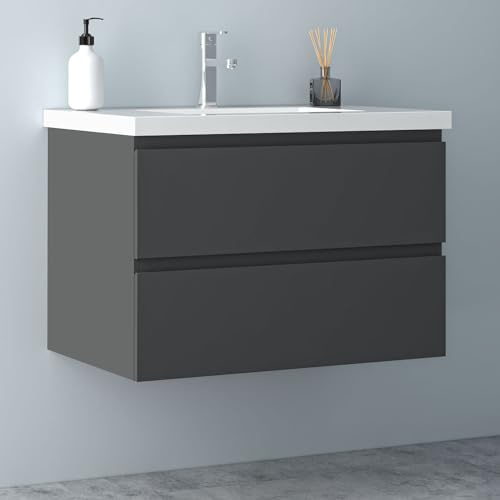 Biubiubath Badezimmermöbel 80cm Mineralguss Waschtisch mit Unterschrank Badmöbel Set Badezimmerschränke mit 2 Soft-Close Schubladen Dunkelgrau Matt