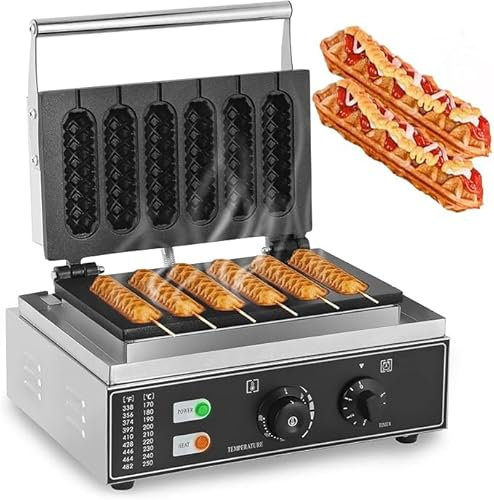 OFNHJK Commercial French Hot Dog Waffle Maker Iron Machine,1550W Electric Nonstick Corn Dog Maker, 6 PCS HotDog Cheese Stick Press Iron, 50-300℃ Temp Control, 5-min Timer