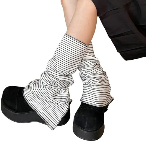 Nicoxijia Damen Mädchen Kawaii Beinstulpen Y2k Lolita Knit Lange Socken Harajuku Japanische Stiefelsocken Baggy Cuff Ankle Heap Socken, Weiße dünne Streifen, One size