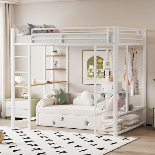 Dolamaní Hochbett 90x200 cm mit Schreibtisch und Regal für Jugendliche und Erwachsene, Tragfähigkeit 120 kg, Metallbett mit Lattenrost stabil & Offener Hängebereich, Weiß