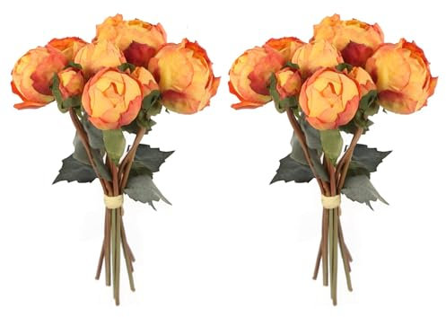 ICBOX Künstliche Pfingstrosen, 2 Blumensträuße, Vintage-Pfingstrosen, 18 Stück, orangefarbene Pfingstrosen mit Stielen, Seide, Pfingstrosen für Terrakota, Hochzeitsdekoration, Brautstrauß, Blumen,