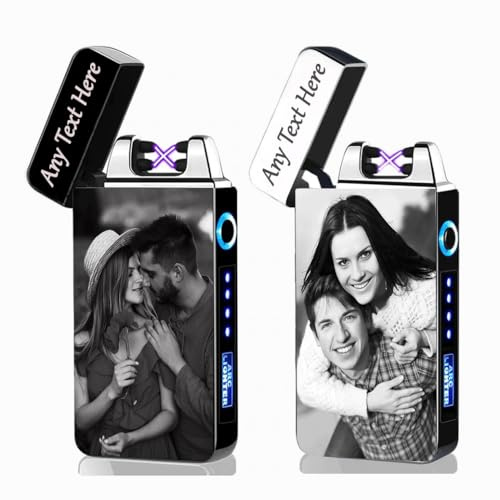Personalised Plasma Electric Arc Lighter USB Rechargeable with Custom Photo & Text Gift for Father's Day,Valentine's Day,Mens (Black & Silver) (Black, Photo & Text Front & Back/Both Sides Engraving)