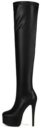 Feinlina Bottes hautes tendance au-dessus du genou à talon aiguille et plateforme pour femme - Sexy - En cuir noir, Noir , 41 EU