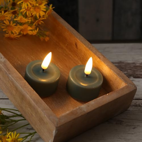 MARELIDA LED Teelichter Echtwachs Deluxe Homeart Teelichter-Set mit realistischer 3D Flamme mit Wachsspiegel salbeigrün Indoor (2 Teelichter klein)