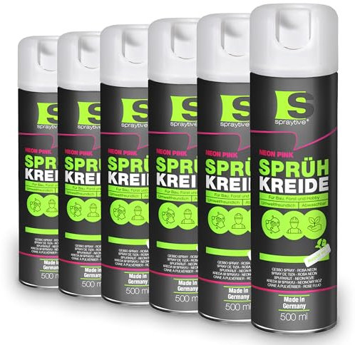 Spraytive 6 x 500ml Sprühkreide neon-pink - Abwaschbare leuchtende Kreidefarbe, Outdoor Kreidespray, Bodenmarkierung, Temporäres Markierungsspray, Farbspray für Asphalt, Gras, Beton