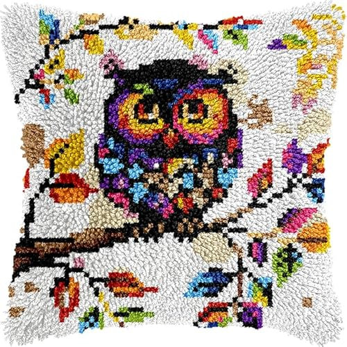 AxiangziK Tier DIY knüpfen set erwachsene knüpfkissen,Eule auf einem Ast,Knüpfhaken-Kissen-Set,bedruckte Leinwand für Anfänger,Stickerei,Bastelkissen,17x17in