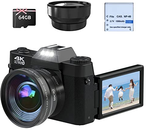 CCN Digitalkamera 4K 48MP, Fotokamera mit 180° Flip 3.0 Bildschirm, 16X Digitalzoom Kompaktkamera, 64GB TF-Karte, mit Macro Linse und Weitwinkel Linse, WiFi-Funktionalität, Upgrade-Version, Schwarz