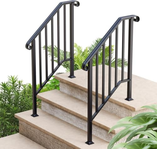 2 Pack 3 Step Handrails for Outdoor Steps, Wrought Iron Stair Railing Fits 2 or 3 Steps, Metal Hand Rail with Installation Kit, Staircase Handrails for Concrete, Porch, Exterior Steps, Carbon Black