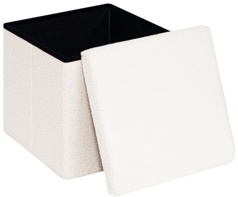 PINPLUS Faltbarer Bouclé Sitzhocker mit Stauraum, Würfel 38 cm, Cremeweiß | gepolsterter Hocker mit Deckel, Fußhocker & Aufbewahrungsbox, platzsparend, für Wohnzimmer, Schlafzimmer, Flur