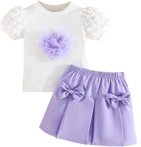 Yaopelky Vestito Estivo da Bambina, Set da 2 Pezzi con Gonna a Sbuffo a Maniche Corte e Gonna a Pieghe