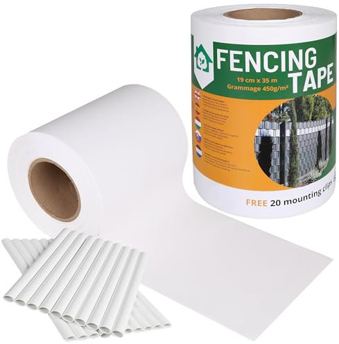 Cinta de valla, sombreado, cubierta de valla de panel UV I Tiras de Protección Visual de PVC I Valla de privacidad valla de jardín I 35m 450g/m2 + 20 clips de fijación (Blanco, 19 cm)