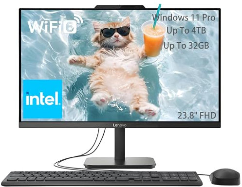 Lenovo Computer desktop FHD All-in-One da 23,8 per casa e lavoro, Intel N100 (fino a 3,4 GHz), RAM da 32 GB, SSD da 1 TB, grafica Intel UHD, RJ45, Bluetooth, HDMI, Wi-Fi, tastiera e mouse, Windows 11