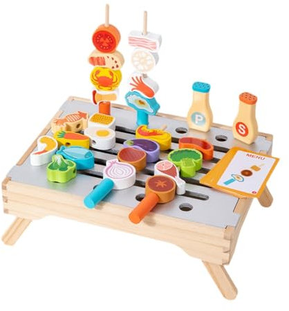 JISADER Holzgrill-Set, BBQ-Spielgrill, Spielküchen-Zubehör für Jungen und Mädchen